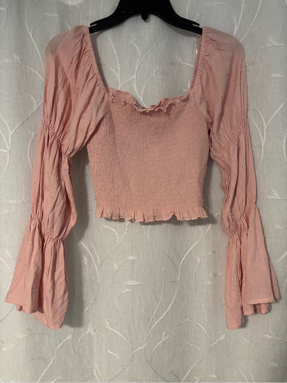 Francesca's Blush Smocked Puff Long-Sleeve Crop Top